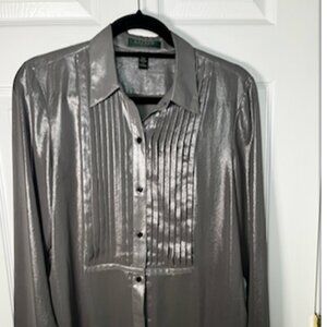DKNY Gray Metallic finish blouse button front